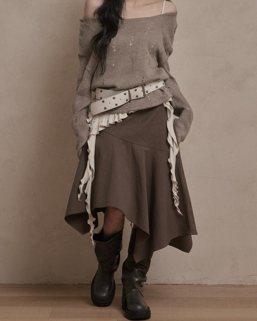 Kakipointeu Unbalanced Midi Skirt (Brown)