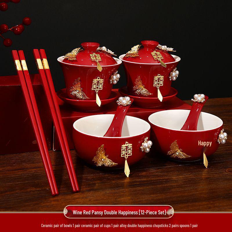Double Happiness Butterfly Love Teacup Set: Wedding Bowls, Red Tea Set, Chopstick Pair, Dowry Gift