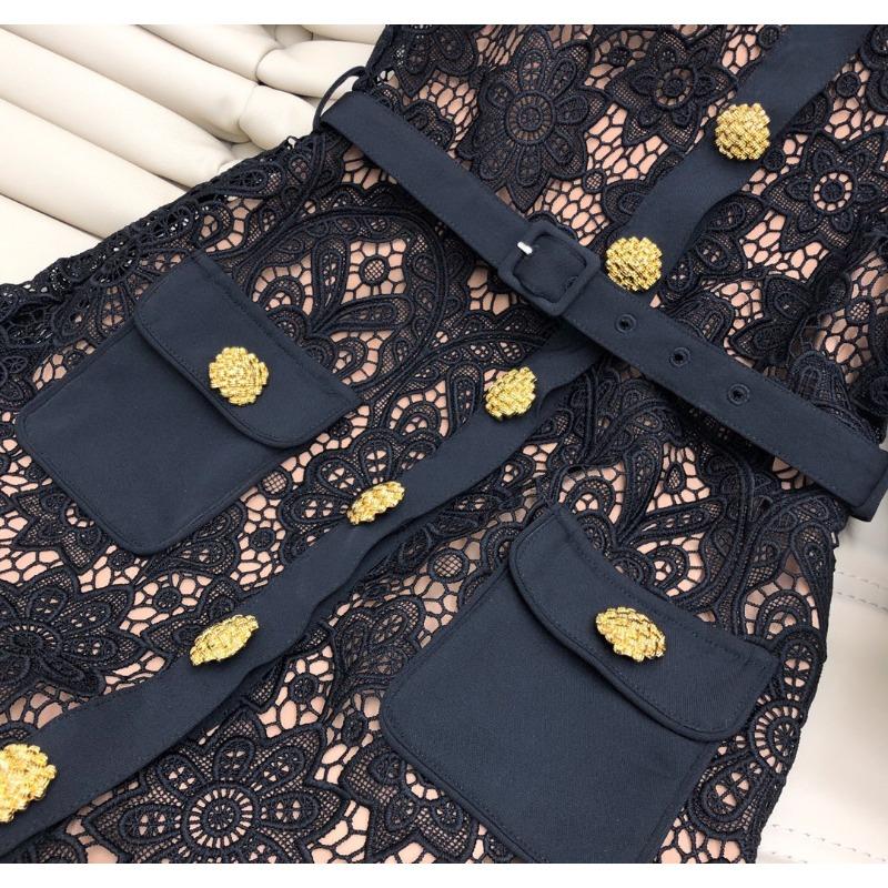 Summer Women Lace Hollow Out Peter Pan Collar Single-breasted Party Dresses Short Sleeve Female Robes with Belts