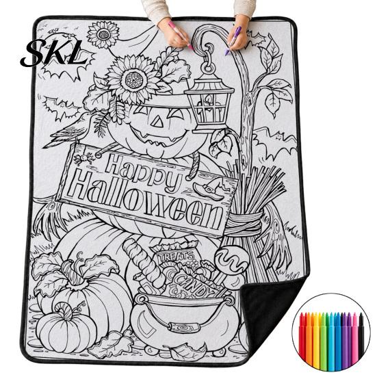 Kreativní sady pro relaxaci Halloween DIY deka na vybarvování se 24 fixami, Vybarvěte si vlastní přehoz, Přizpůsobitelná dekorace na postel, Deka,