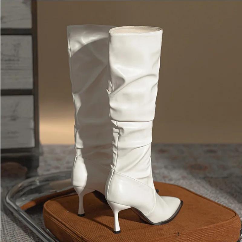 Women's High Barrel Retro Long Boots 2024 Autumn and Winter Knee Length Wrinkled Boots Slim Pointed High Heeled Leather Boots