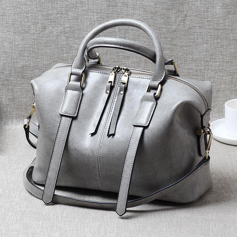 Spring and Summer Hand-carrying Retro European and American Leather Boston Women's Bag Trendy Leather One-shoulder Crossbody Bag