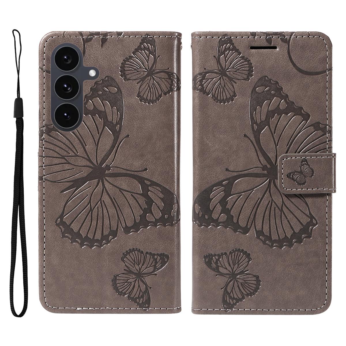 

For Samsung Galaxy S25 FE Wallet Case Floral Butterfly Imprinted Leather Phone Cover Stand Grey