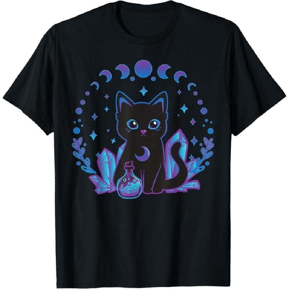 

Black Witchy Cat Crystals Gothic Women Kawaii Pastel Goth T-Shirt S