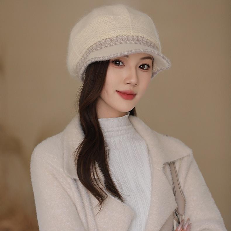 Female Winter Rabbit Fur Warm Fleece Mother Hat Middle-aged and Elderly Elegant Color Matching Knitted Wool Hat