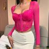 Square Neck Lace See Through Short Shirt Sexy Mesh Fishbone Bra Lace Blouse Women V-neck Spicy Girl Tops For Woman 30375