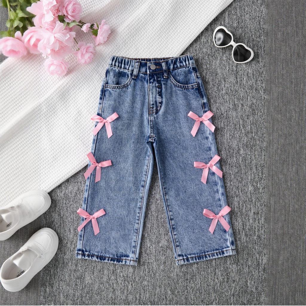 Girls' Fashionable Casual Teenage Casual Jeans With Bow Decorations And Wide-leg Pants