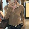 Minimalist Old Money Style Polo Neck Knit Sweater Womens Slim Fit Wool Blend Pullover Top