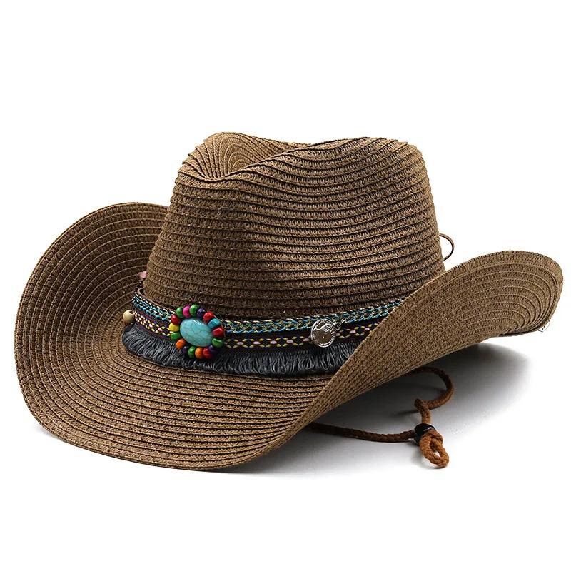Western Cowboy Straw Hat Wide Brim UV Protection Summer Beach Bohemia Jazz Cap Unisex Breathable Outdoor Holiday Sun Hat