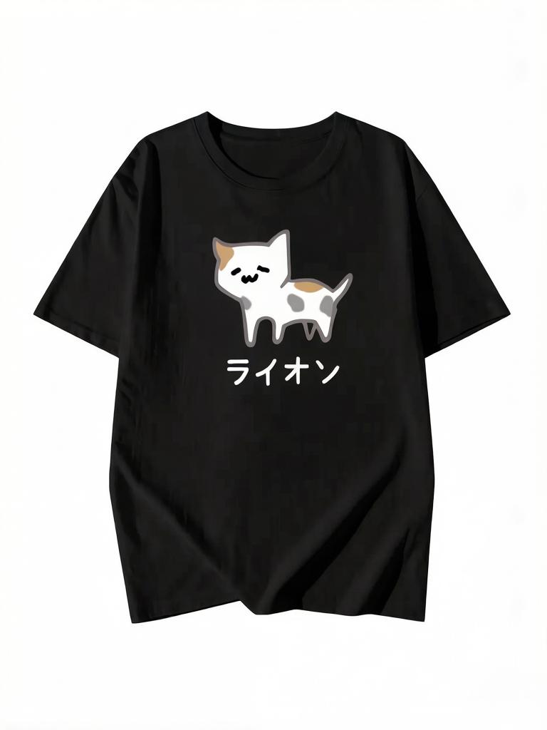 

2026 Summer Womens Japanese Cartoon Cat Print TShirt Cute Kitten Design Oneck Short Sleeve Breathable Tops Women Clothing S