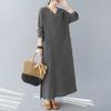Retro Cotton and Linen V-neck Loose Long Sleeved Dress