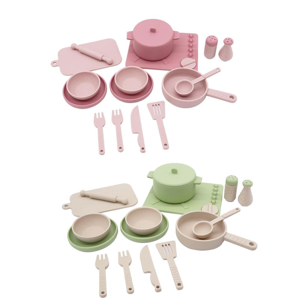 14 Pieces Kitchen Toys Children Cooking Toys Pot and Pan Silicone Playset Children Kitchen Accessories for Kids Boys Girls