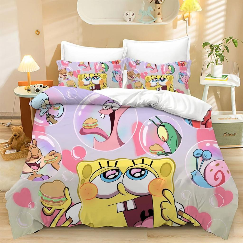 Cartoon New 3d S-SpongeBobS Duvet Cover Pillowcases Twin Full Queen King Size Bedding Set Soft Bed Linens Bedclothes