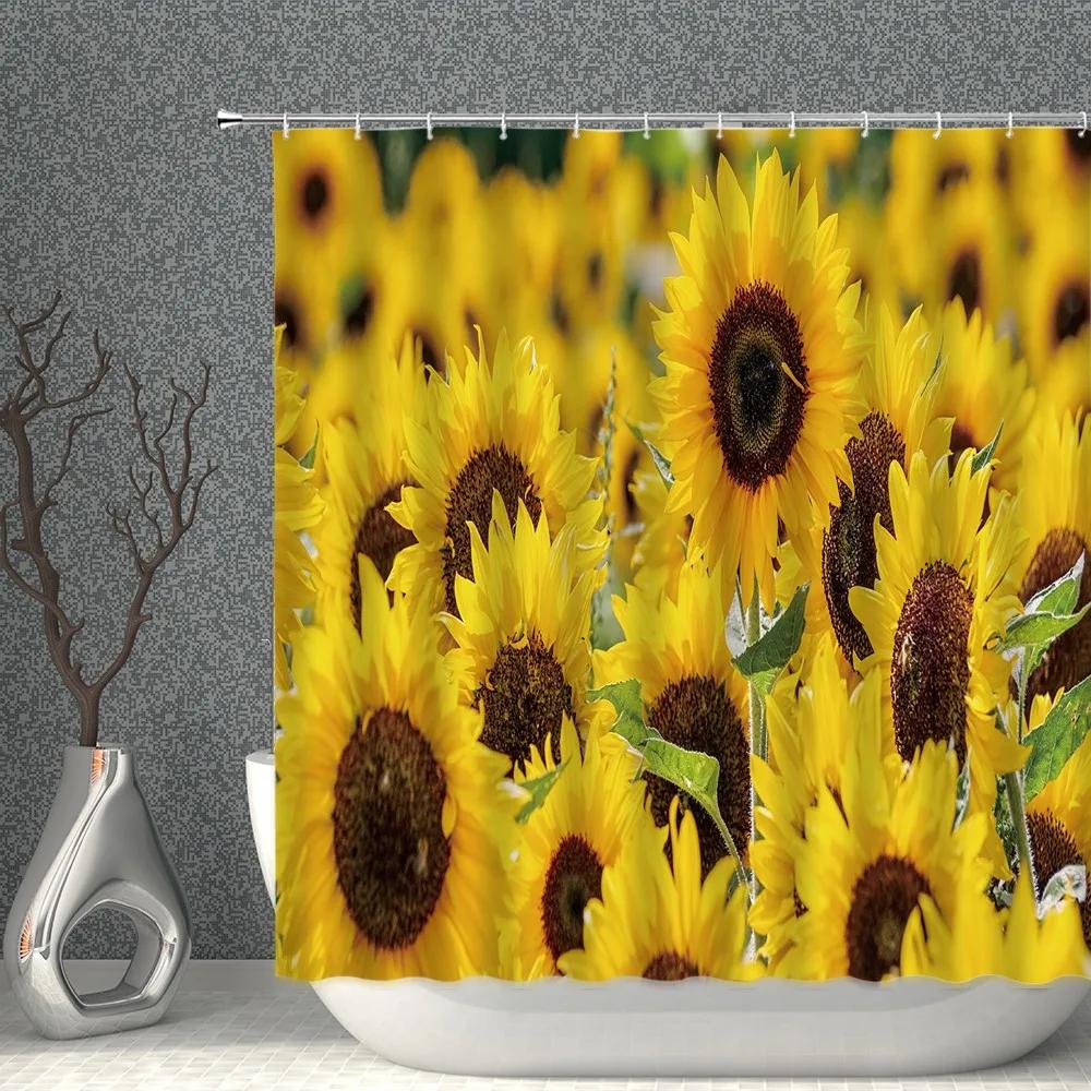 Rose Sunflower Shower Curtain Flower Green Plants Butterfly Bathroom Bath Curtains Waterproof Polyester Cloth Home Decoration