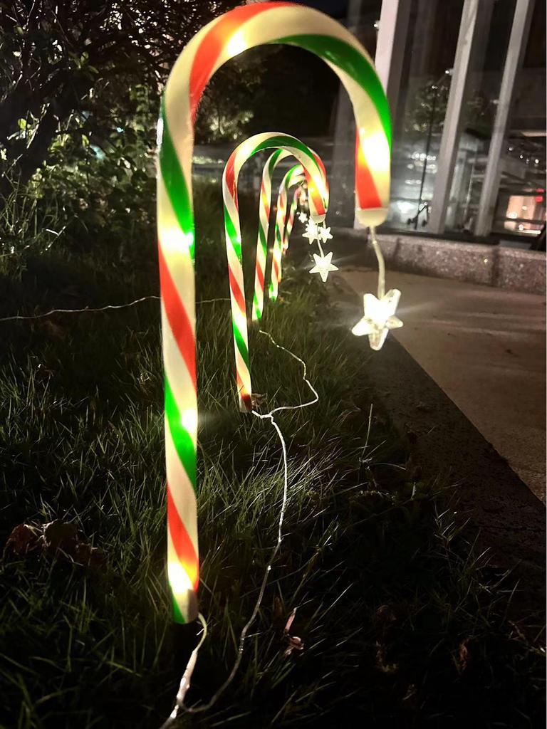 Solar-Powered Christmas Star & Snowflake Ornaments with Candy Cane Light Stakes