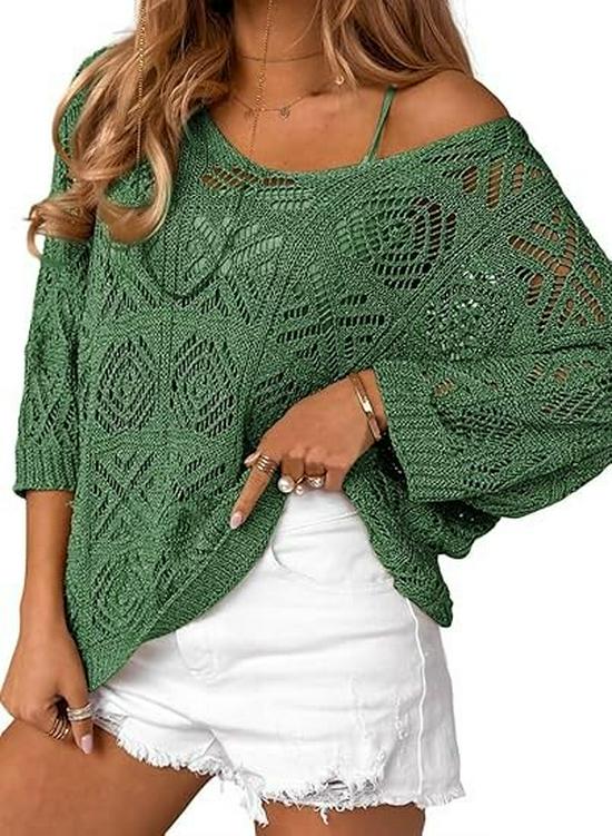 2025 Spring-Summer Crochet Hollow Seven-Sleeve Knit Pullover