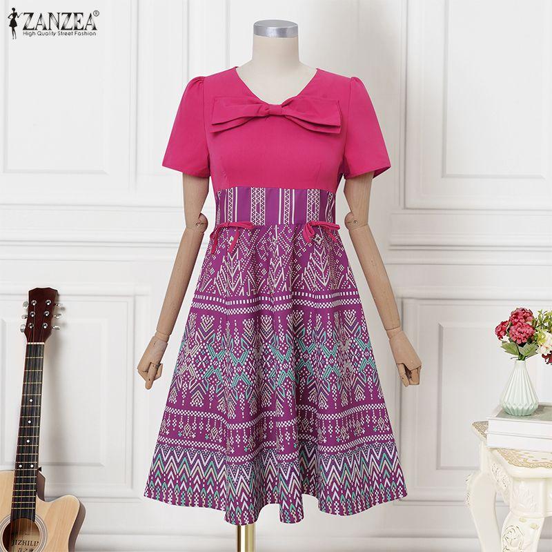 ZANZEA Women Summer V-Neck Short Sleeve Casual Print Dress