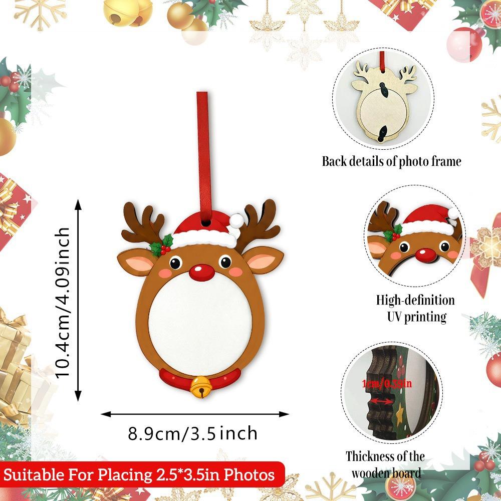 Flat Design Christmas Photo Frame Hanging Rope Bulk Set Wooden Picture Ornament 2D Style Wood Material Xmas Tree Decoration