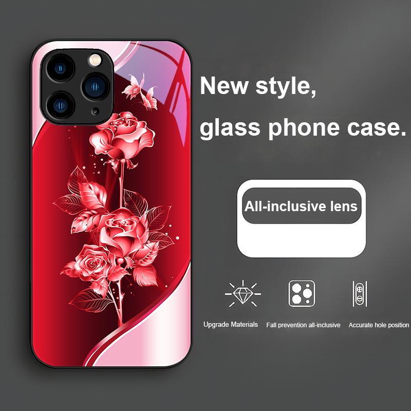 Dazzling Rose Brilliant Red Green For Iphone 15 14 13 12 11 Pro Max X XS XR 7 8 Plus 2020 2022 SE Tempered Glass Phone Case
