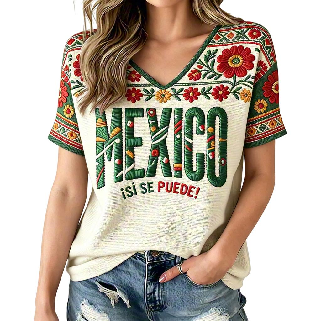 Women's Mexican V-Neck T-Shirt with Soccer Print Short Sleeve Top