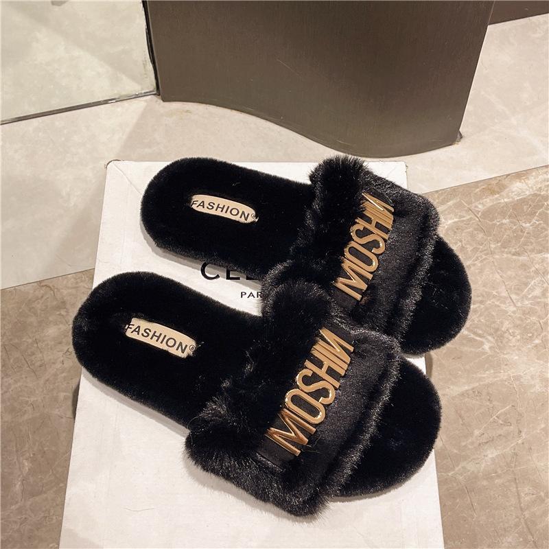 

Women Plush Slippers Autumn Winter New Fashion Metal Flat Cotton Slippers Non Slip Warm Home Shoes Plus Size 35-42 Zapatos Mujer 35 чорний