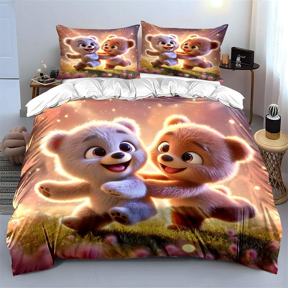 Cute Bears Playing On Dreamy Meadow Printed Duvet Cover Set1 Duvet Cover+2 Pillowcasemulti Size Bedroom Bedding Decor