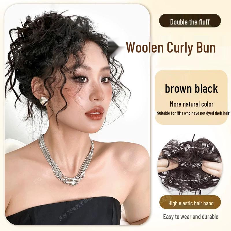 Curly Flower Bud Wool Hair Tie - Volumizing Fluffy Wig Bun for Natural Updos