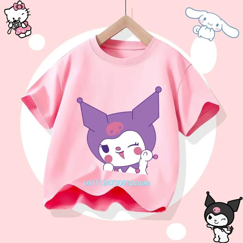 Kuromi Children's Pure Cotton Short-Sleeved Girls' Casual Shirt - Summer T-Shirt with Cartoon Print- Three Little Monkeys Series