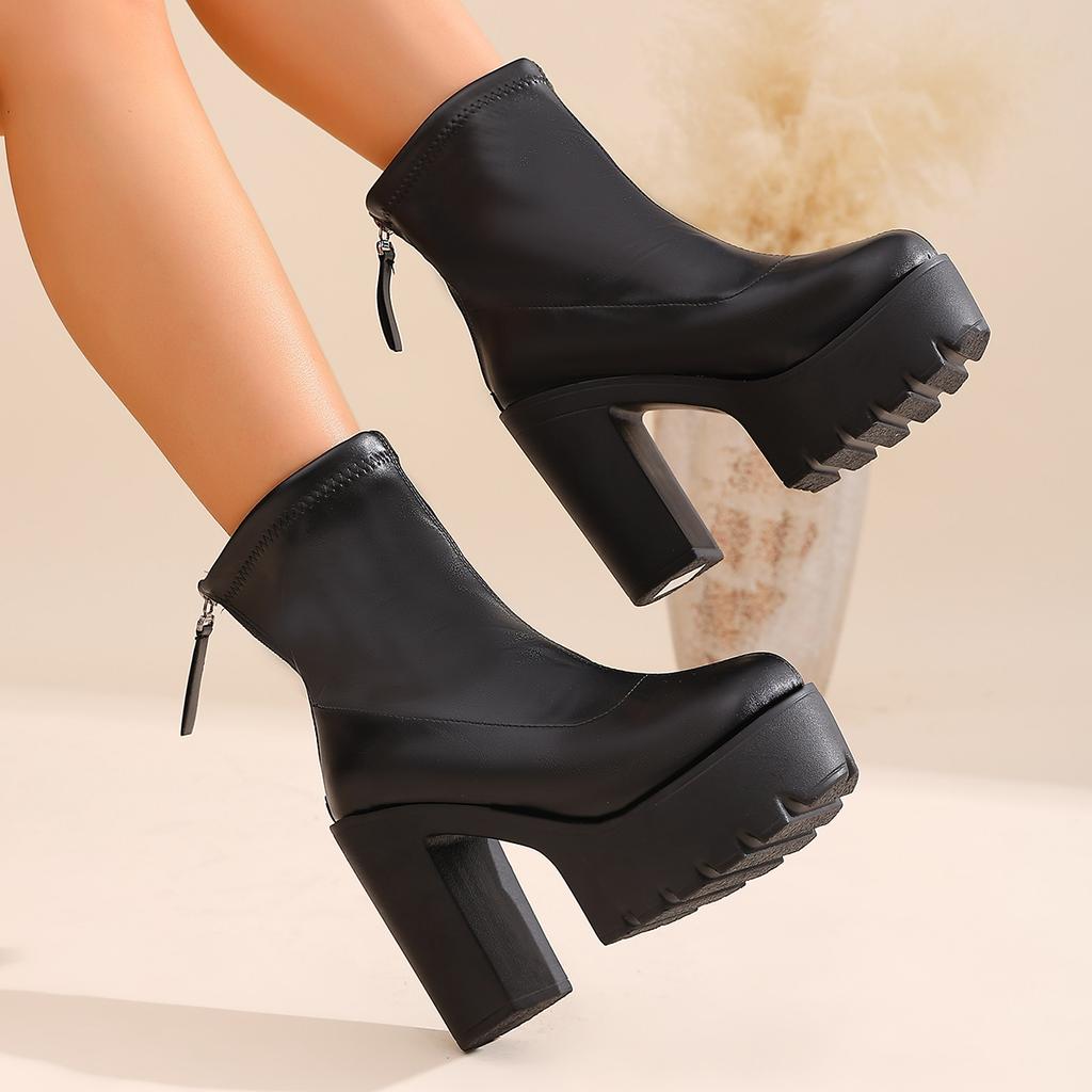 Damen Hohe Dicke Sohle Breite Ferse Stiefel Designer Mode Plateau Stiefel Damen Damen Leder Stiefel Schuhe