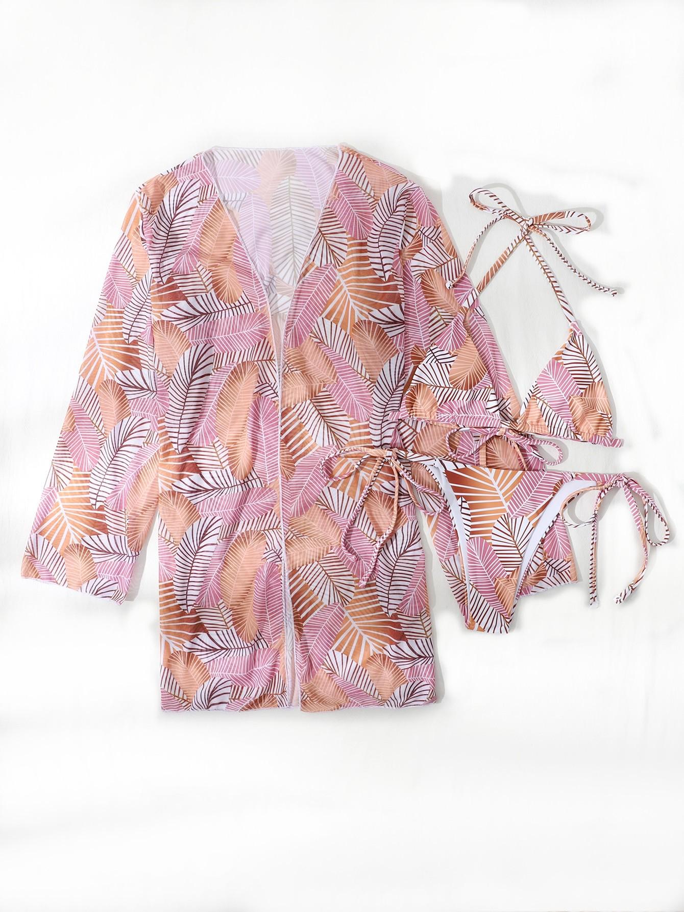 

Шикарный европейский и американский трехкомпонентный цветочный комплект бикини с длинной рубашкой Medium лист/розовый