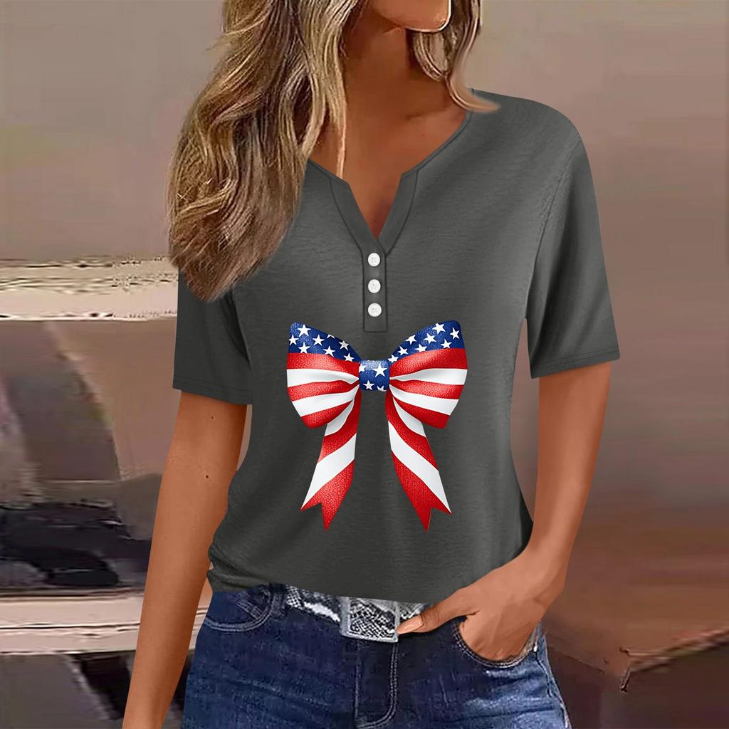 Women's T Shirt Tee Independence Day Print Button Short Sleeve Daily Weekend Fashion Basic V-Neck Regular Top