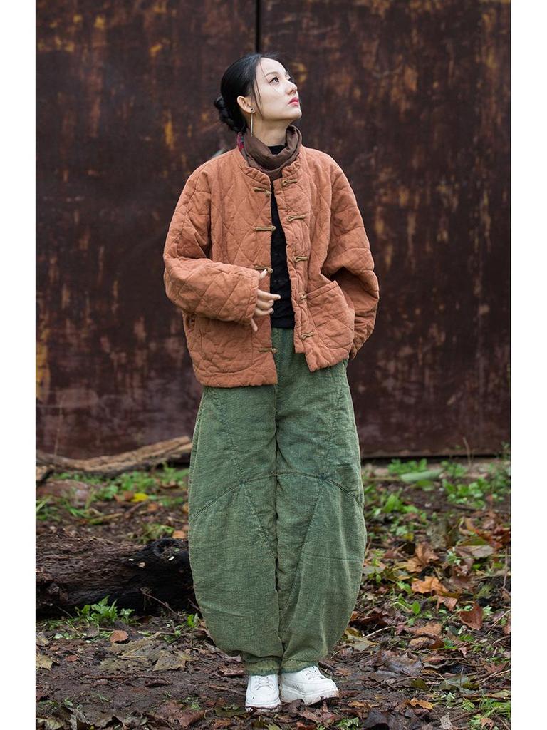Women's Winter Ramie Quilted Diamond Pattern Cotton Coat with Frog Buttons - Bohemian Style