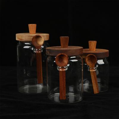 Glass Containers Food Storage Jars With Wooden Lids And Scoop Glass Sealed Jar Airtight Jar For Sugar Coffee Bean Candy