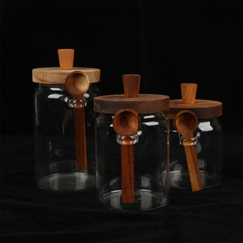 Glass Containers Food Storage Jars With Wooden Lids And Scoop Glass Sealed Jar Airtight Jar For Sugar Coffee Bean Candy