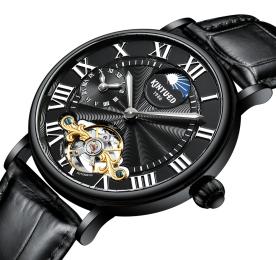 KINYUED Men Rose Gold Watch Moon Phase Open Heart Skeleton White Dial Roman Numerals Brown Crocodile Leather Strap 3ATM Waterpro