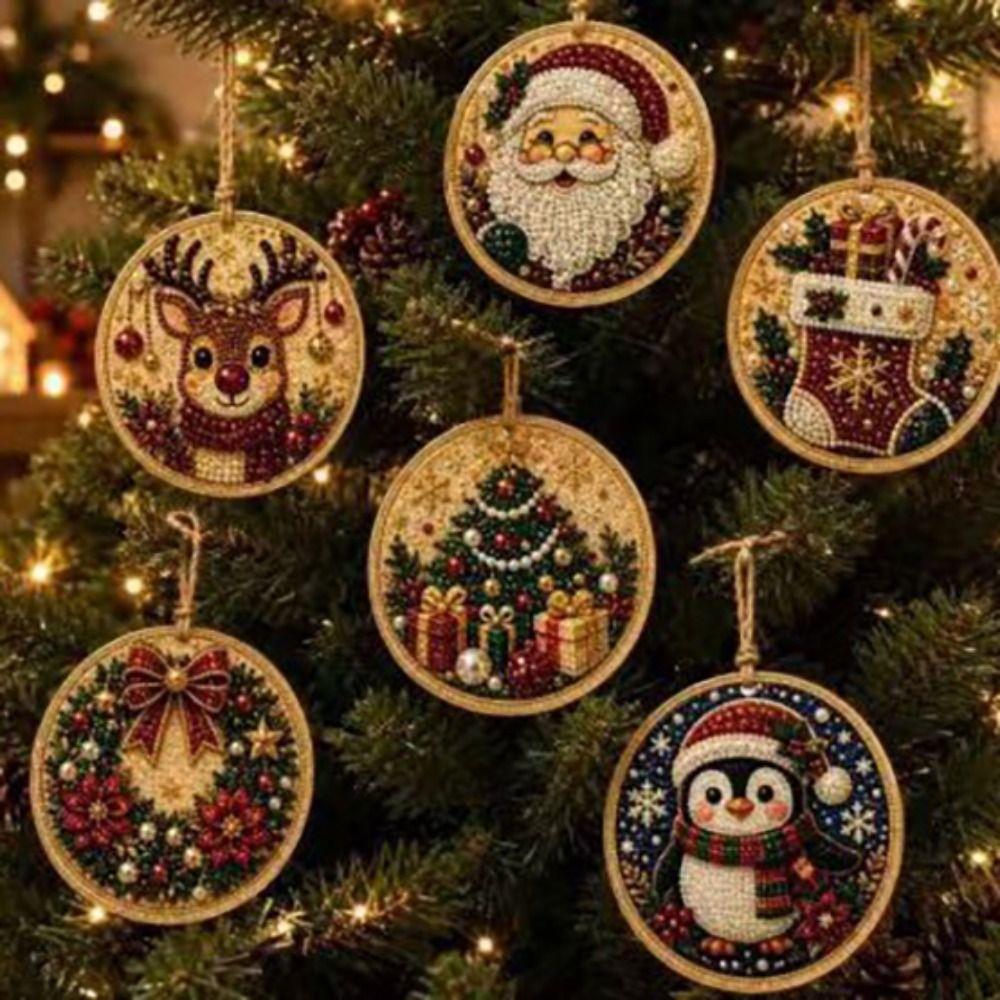 6pcs Pearl Diamond Painting Ornaments 2D Flat Wooden Tag Pendants  Christmas Theme