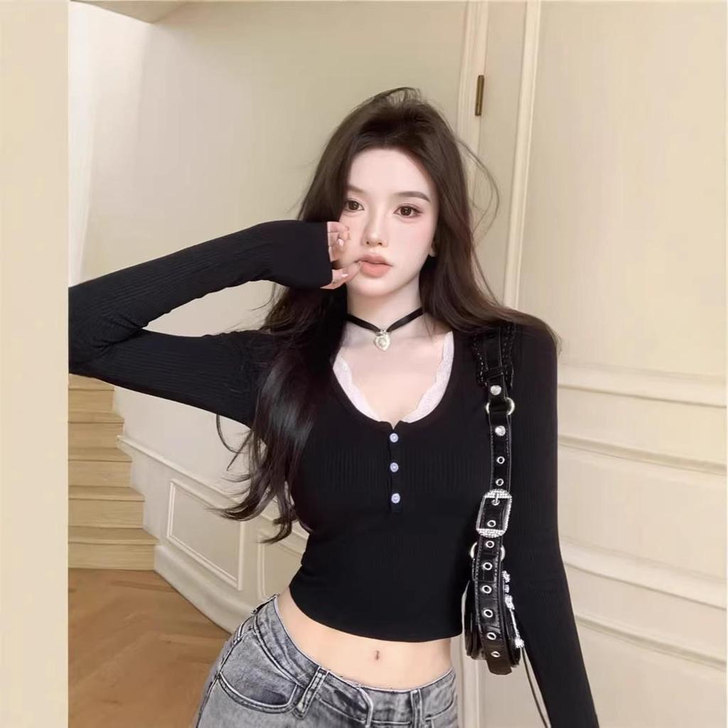 Sweet & Spicy Lace Patchwork Long Sleeve T-shirt - Women's Autumn/Winter Korean Style Sexy Base Layer Top