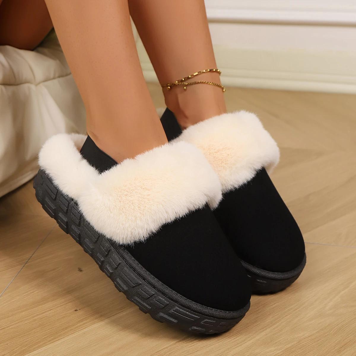 

New Women Indoor Fluffy Slippers Thick Sole Winter Warm Shoes Couples Fur Keep Warm Slippers Female House Floor Slides Women 36