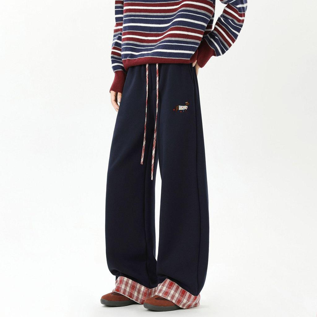 Plaid Patchwork Grey Unisex Sweatpants, Heavyweight, Loose Straight Leg, Sporty Casual Wear for Spring and Autumn.