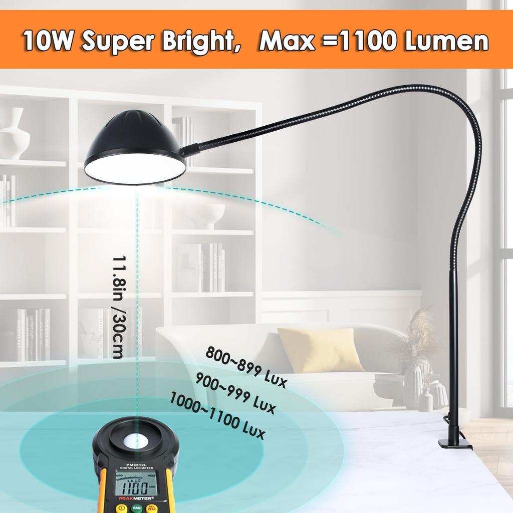 Clamp Lamp, Clip on Lamp, Desk Lamp with Clamp, 10W, 1100 LMS, 3 Color Modes, 10 Brightness Levels, 31 Inches Long Flaxible Gooseneck, Perfect for