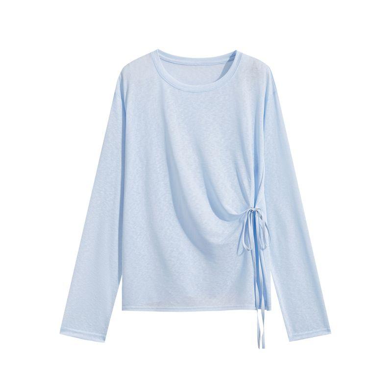 

Those Things Wardrobe Blue Stripes Long Sleeves T-shirt Female Summer Thin Stylish Shoelace Loose Sun Protection Smock Top Light blue T-Shirt M