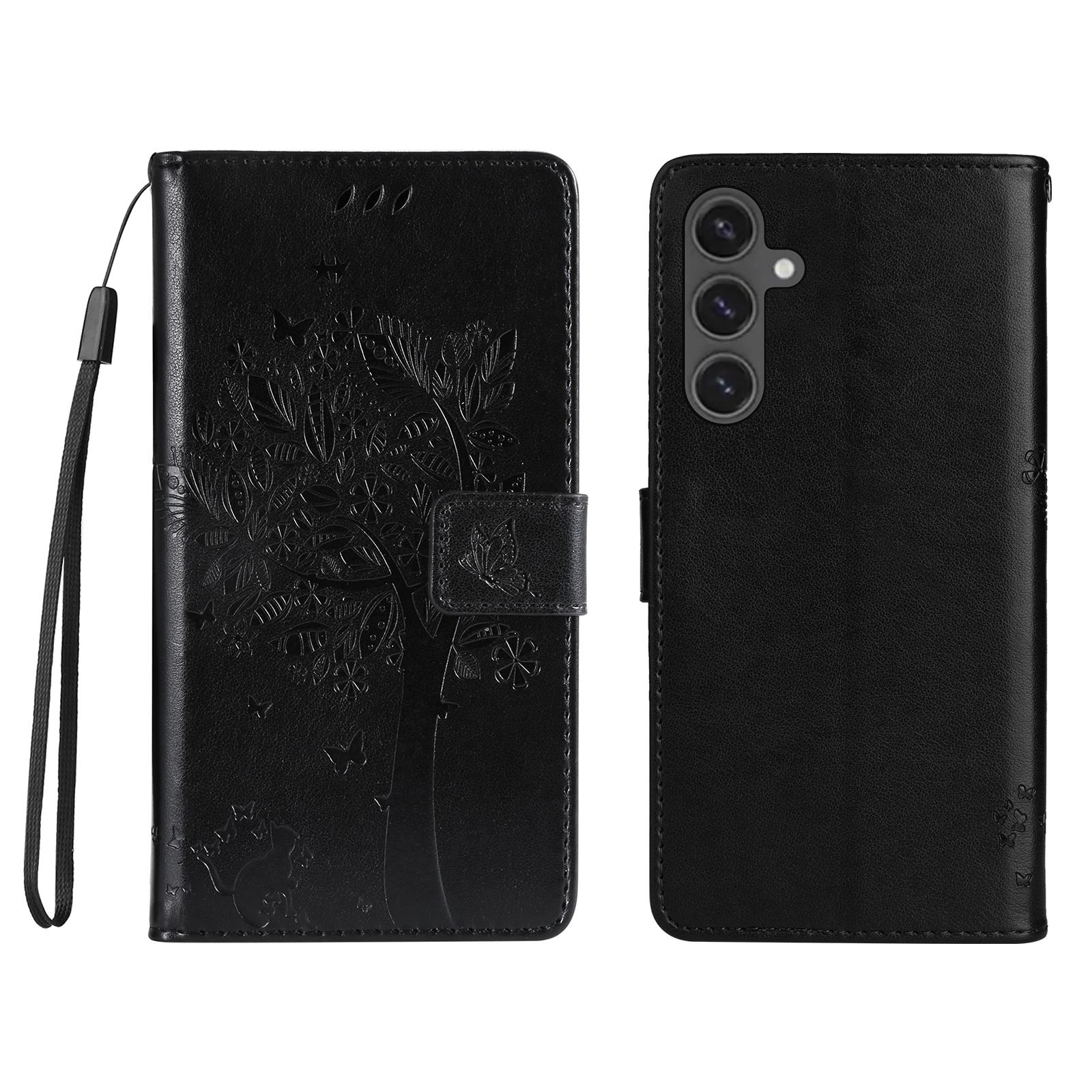 

For Samsung Galaxy S24 FE Phone Case with Stand Cat Tree Pattern Leather Wallet Mobile Cover Black