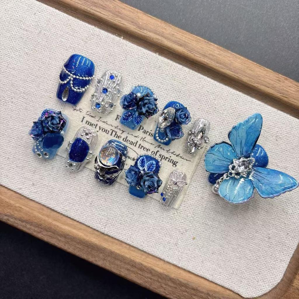 Square Press on Nails Almond Fake Nails Blue False Nails with Butterfly Design Full Cover Acrylic Glue on Nails Artificial Stick on Nails for Women
