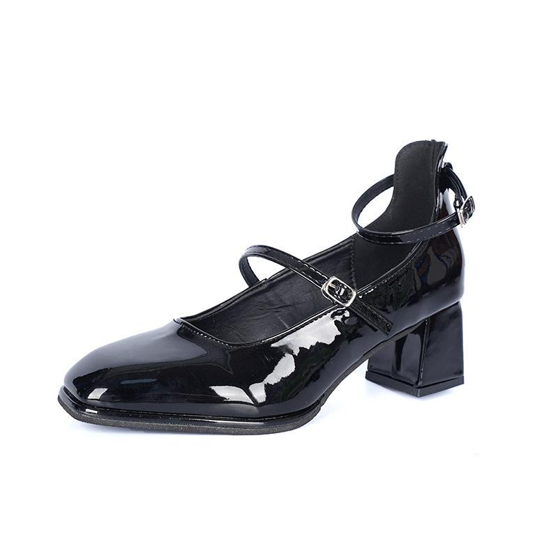 Fashion Comemore Square Head Mary Jane Shoes Women Spring Autumn Retro Belt Buckle Shallow Mouth Single Shoes Black Red High Heel Pumps