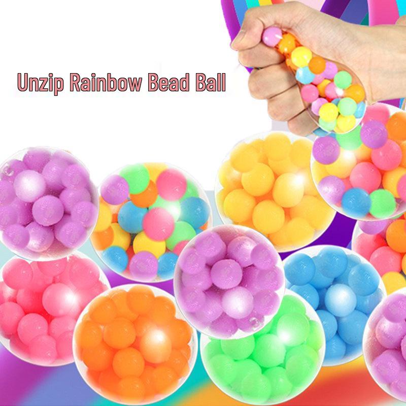 Rainbow Beads Stress Ball: Soft Rubber TPR Squeeze and Pinch Decompression Toy