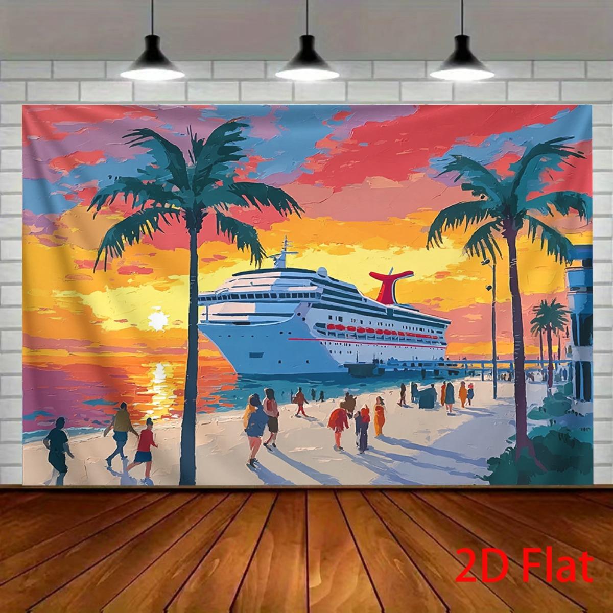 Cruise Ship Sunset Beach Tapestry Tropical Palm Tree Ocean Voyage Wall Decor Travel Vacation Summer Sea Port Cityscape 2D Flat 74x94cm(29x37in)