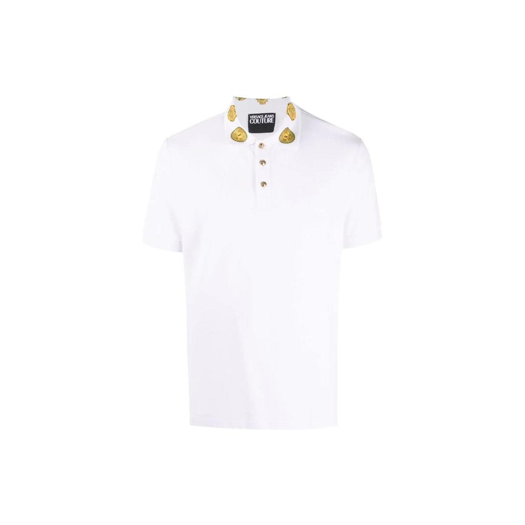 VERSACE JEANS COUTURE Men Logo Printed Collar Short Sleeve Polo Shirt White 72GAGT05-CJ01T-003