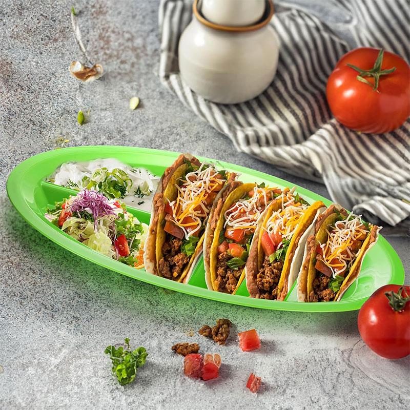 PGY 4/8 Packs Plastic Taco Plates for Party Large Taco Holder with 2 Dipping Areas Stand Up Divider for 3 Tacos Dishwasher Safe