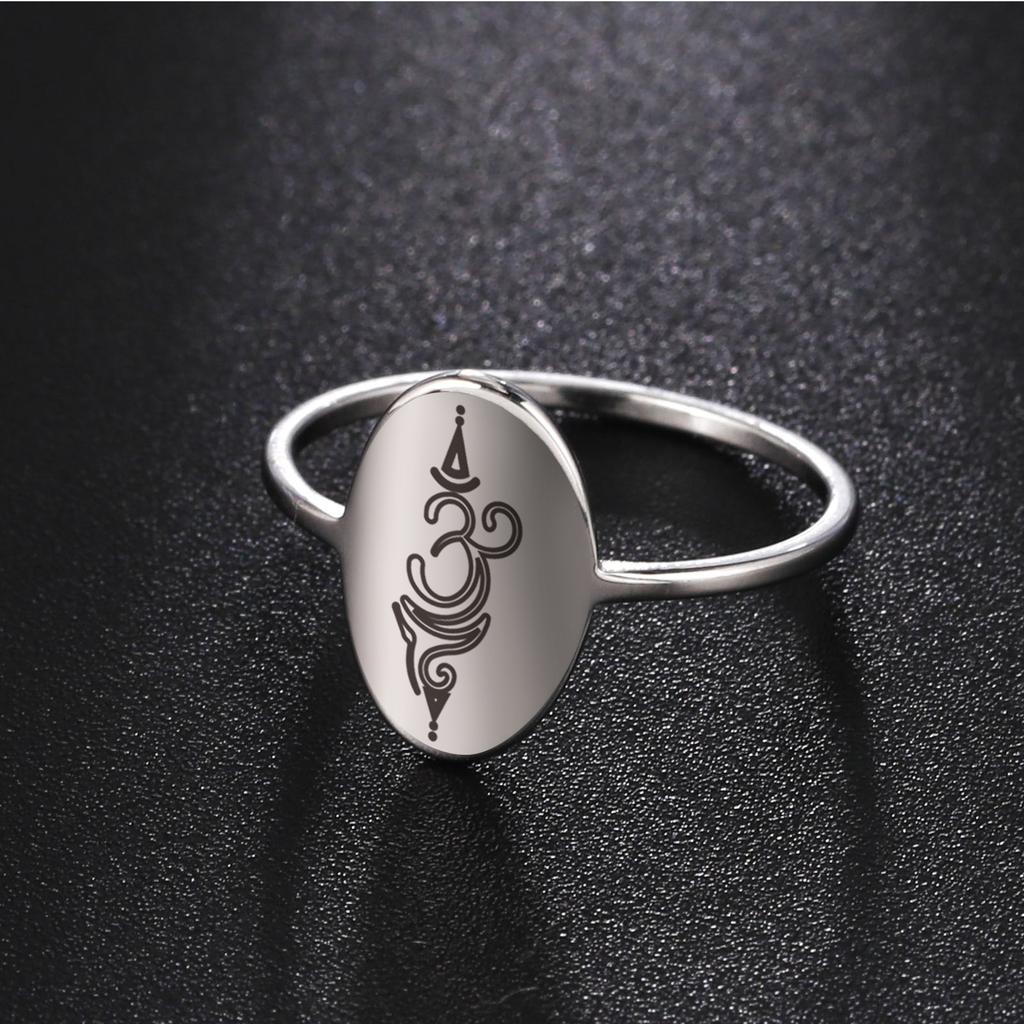 LIKGREAT Yoga Lotus Unalome Symbol Ring Buddhist Indian Om Ring Healing Charms Amulet Geometric Oval Stainless Steel Jewelry