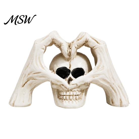 Creepy Gothic Table Ornament Skeleton Hands Heart Sculpture with Skull, Romantic Love Statue, Halloween Secret Room Horror Display Shape Finger